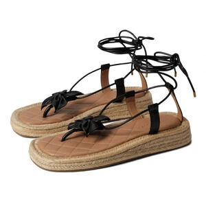 Aerosoles Fanie Lace Up Black Leather Flower Espadrilles Sandals Size 6.5 Black